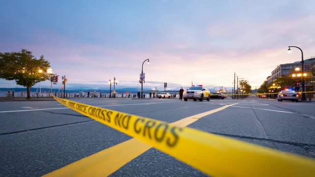 Yellow police tape cordoning street section, law enforcement officers standing near protesting crowd demonstrating against immigration raids in urban american setting during evening hours
