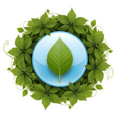 Leaf Sits Centrally on Blue Circle, Surrounded by Green Leaves and Vines, Abstract