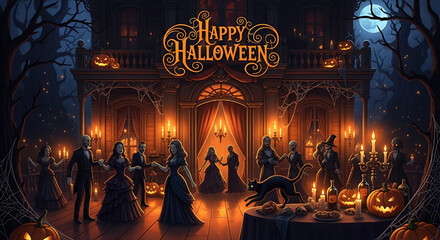 Halloween Party in a Grand Ballroom with Costumed Guests and Spooky Decorations