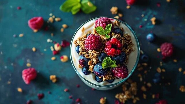 Delicious and healthy breakfast bowl with berries, nuts, yogurt, and oats. Perfect for a nutritious start to the day.