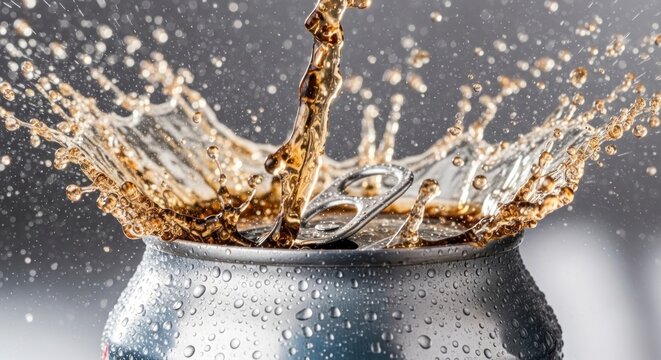 Close-up of a silver can being opened, dark liquid erupting in a dramatic splash with water droplets