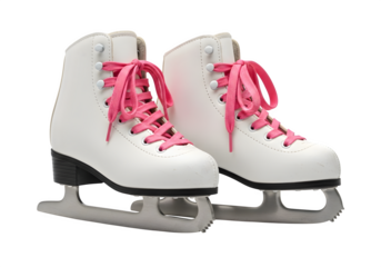 A pair of white ice skates with pink laces isolated on transparent background, perfect for figure skating or recreational ice skating activities