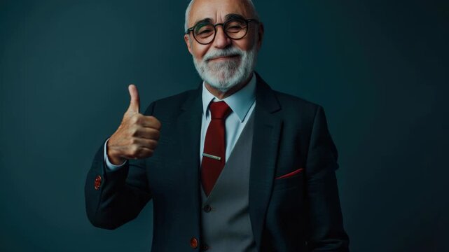 Older man in suit gesturing positive affirmation with a thumbs up.