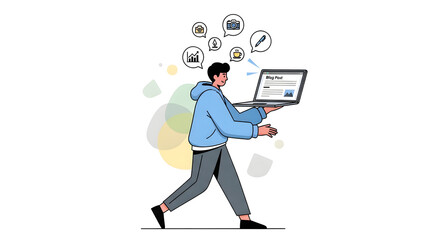 A young man holding a laptop with various icons floating above his head, representing different ideas and concepts.