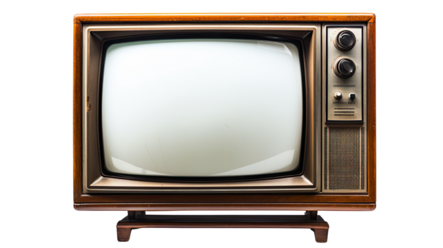 Vintage old television set with antenna and retro screen isolated on white background