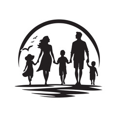 family beach walking vector silhouette clip art logo design illustration