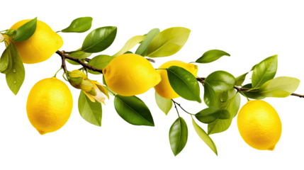 Fresh green lemon tree with ripe yellow fruits and leaves isolated on white background