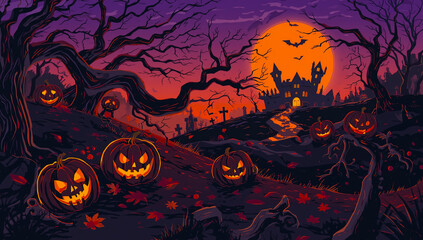 Grunge Halloween background with haunted house, bats and full moon