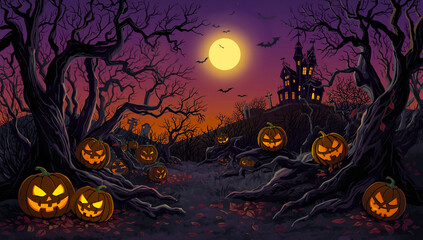 Grunge Halloween background with haunted house, bats and full moon