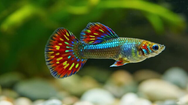 Vibrantly colored gula fish swimming gracefully through crystal clear water surrounded by lush aquatic vegetation and coral