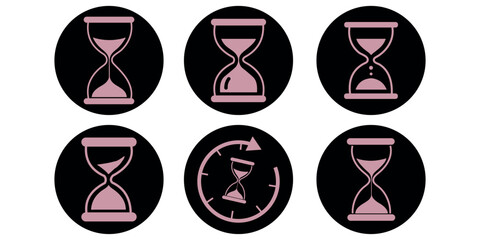 set of sand clock illustrations with varying frames and sand amounts. Hourglass shapes in multiple variations. Vector icon set of hourglasses with falling sand.