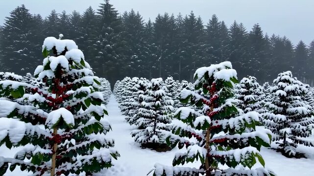 Winter wonderland, snow covered trees in a field, Christmas tree farm in winter