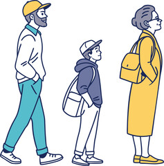 Multi-Generational Family Walking in Line, Side View Illustration with Hand-Drawn Style