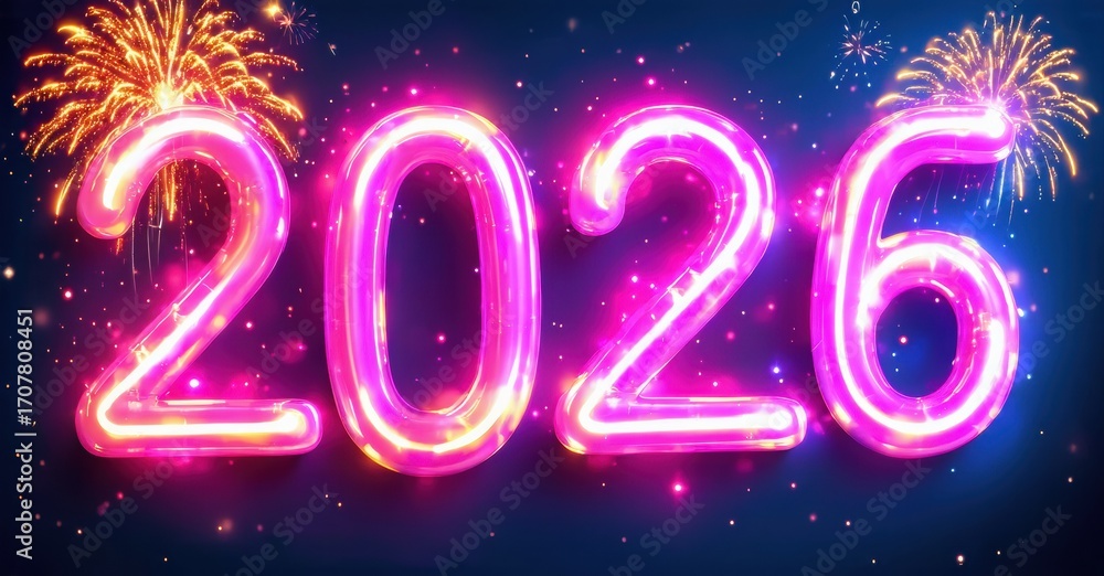 Poster bright pink neon numbers display year 2026. fireworks illuminate dark blue background, creating fest