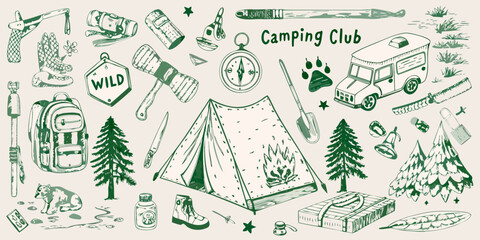 Collection of hand drawn camping gear and outdoor adventure elements with camping club text