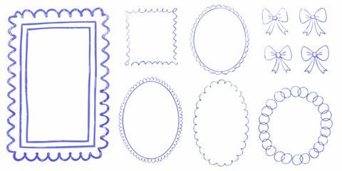 Collection of hand drawn blue decorative frames and bows on white background