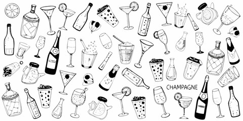 Collection of hand drawn champagne bottles cocktails and celebration drinks in a festive scattered pattern