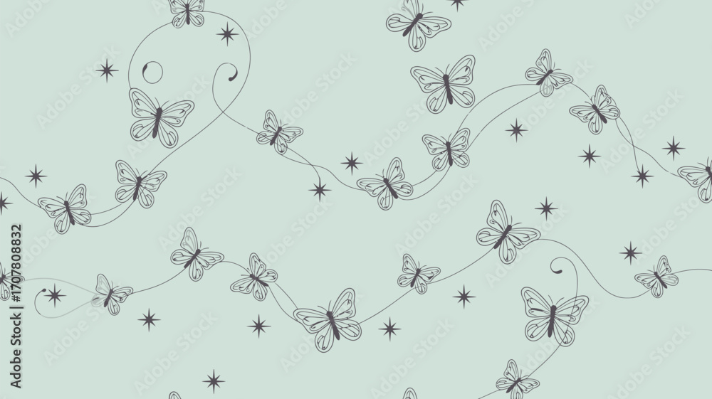Poster a delicate pattern of butterflies and stars connected by swirling lines on a light blue background