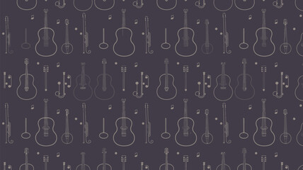 Seamless pattern featuring guitar outlines, violins, and musical notes on a dark background surface