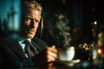 Thoughtful Man Enjoying Coffee In Dim Setting
