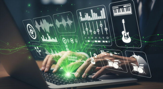 Person working on a laptop with a vibrant green holographic display featuring audio editing tools, sound waves, and musical instruments