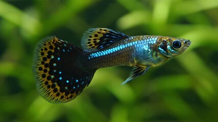 Captivating image of a blue and black gula fish swimming gracefully in a clear glass tank surrounded by aquatic plants
