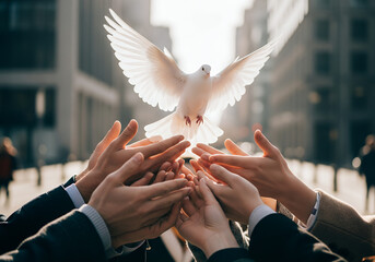 Hands Releasing Dove in Urban Light
