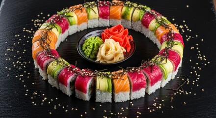 Circle sushi arrangement with ginger, wasabi, and sesame on black