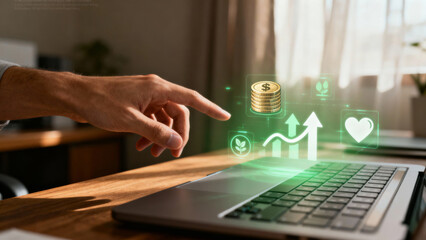 Travel insurance benefits shown on laptop screen with digital icons and hand pointing upward