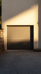 A garage door stands prominently against a textured wall, featuring sleek design elements and subtle shadows from the afternoon light, augmenting the home curb appeal
