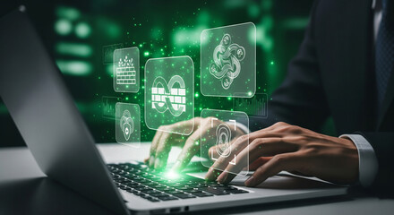 Cybersecurity concept with a person typing on a laptop and digital icons representing data security, firewall, and encryption glowing green