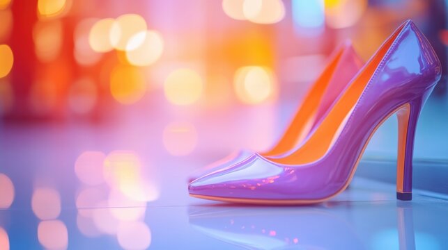 Elegant pink high heels displayed in a colorful urban setting during evening