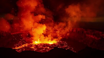 Volcano eruption with glowing lava flow, volcanic crater explosion at night, fiery molten magma bursting with smoke and ash, natural disaster geothermal energy concept, extreme nature phenomenon drama - Powered by Adobe