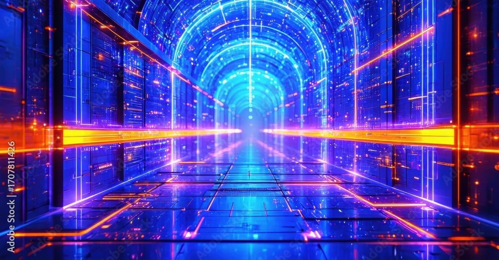 Poster futuristic corridor glows with vibrant neon lights. digital patterns extend into darkness, creating 