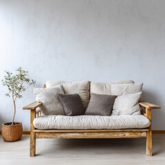 Fototapeta premium A light-filled living room displays a simple wooden sofa with beige and brown cushions, situated against a textured light gray wall.