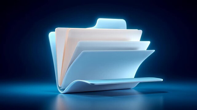 Modern glowing folder with layered page data pages and folder icon glowing blue reflective surface with soft warm light conveying secure file storage