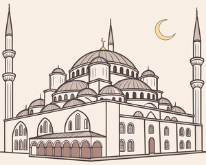 A beautiful mosque in vector art style, detailed Islamic architecture with domes and minarets, clean symmetrical design, elegant geometric patterns, golden crescent moon on top, soft pastel background