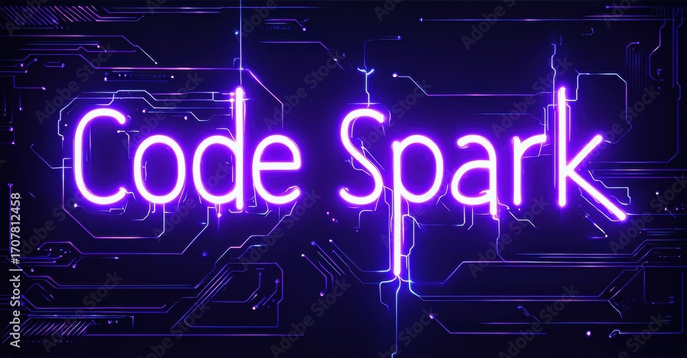 Poster bright neon sign displays code spark. background features complex circuit board pattern, dark blue h