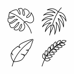 Minimalist Black Line Art Tropical Leaves Vector Icon Set Monstera, Palm, Banana, and Fern Bundle