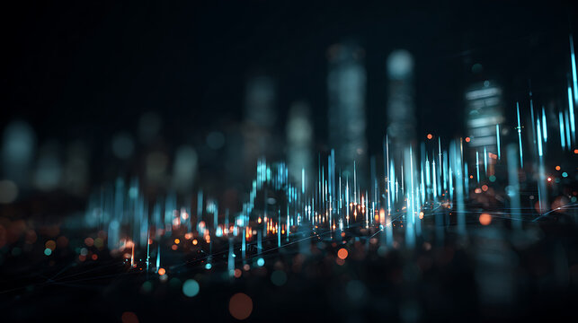 Digital cityscape at night with glowing data streams and futuristic urban skyline - Powered by Adobe