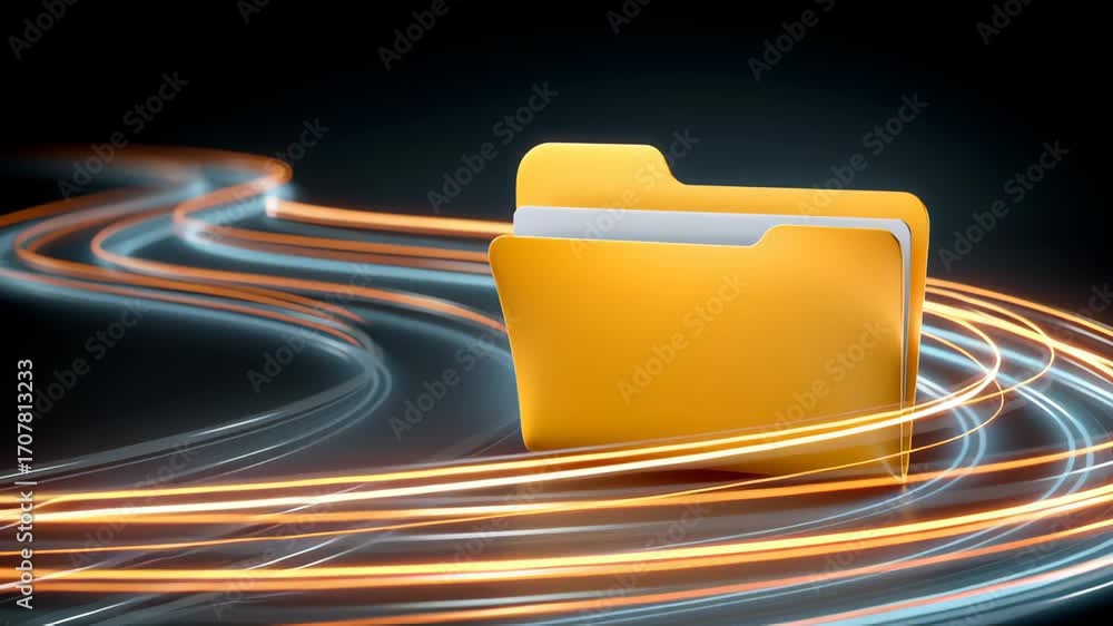 Poster yellow file folder with glowing data trails and digital folder icon suggesting fast secure file tran