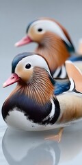 Fototapeta premium Pair of Beautiful Mandarin Ducks Floating Gracefully on Misty Water with Soft Reflections in Nature