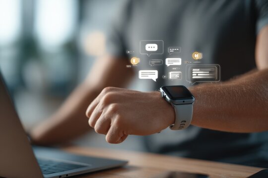 Person using Smartwatch with Notifications, Modern Technology and Communication