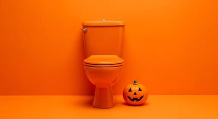 A monochromatic orange scene featuring a toilet and a jack o lantern against an orange background