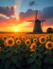 Picturesque Sunflower Meadow at Dusk &ndash; Rustic Charm