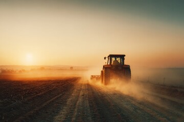 Fototapeta premium Silhouette of a Tractor Working a Field at Sunset