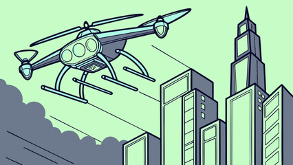 Futuristic Drone Flying Over Cityscape Vector Illustration