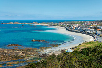 Aerial view of a sandy beach in Guernsey, Channel Islands landscape
