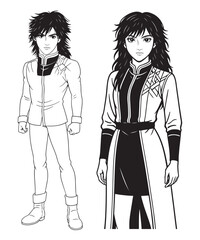 Anime Warrior Characters Male Female Line Art Illustration.
