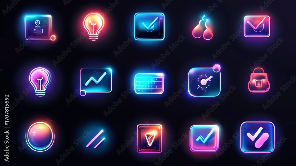 Poster create a set of modern, ai-inspired vector icons with a sleek, minimalistic, and futuristic design. 